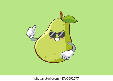 RELAJADO, GAFAS, FRENTE A LA Emoción. Gesto De Mano Arriba. Caricatura De Fruta De Pelo Verde Dibujando Ilustración De Mascota.