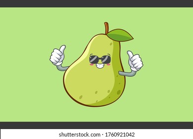 RELAXED, GLASSES, COOL Face Emotion. Double Thumb Up Hand Gesture. Green Pear Fruit Cartoon Drawing Mascot Illustration.