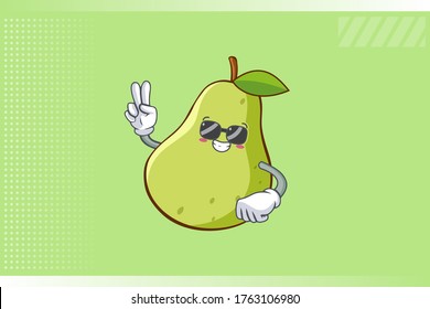 RELAXED, GLASSEN, COOL-Gesichtspflege Emotion. Peace Hand Gesture. Grüne Birnenkartoon-Zeichnung Maskottabilustration.