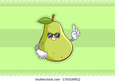 RELAXED, GLASSES, COOL Face Emotion. Forefinger Hand Gesture. Green Pear Fruit Cartoon Drawing Mascot Illustration.