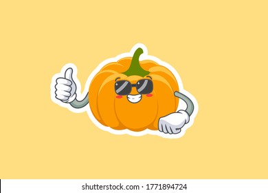 RELAJADO, GAFAS, FRENTE A LA Emoción. Gesto De Mano Arriba. Ilustración de la mascota de dibujos animados de la piel de calabaza amarilla y naranja.