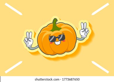 RELAXED, GLASSES, COOL Face Emotion. Double Peace Hand Gesture. Yellow, Orange Pumpkin Fruit Cartoon Drawing Mascot Illustration.