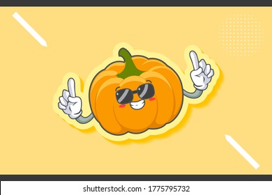 RELAXED, GLASSES, COOL Face Emotion. Double Forefinger Hand Gesture. Yellow, Orange Pumpkin Fruit Cartoon Drawing Mascot Illustration.