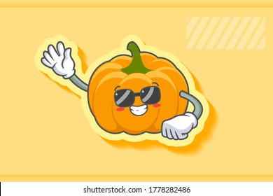 RELAXED, GLASSES, COOL Face Emotion. Waving Hand Gesture. Yellow, Orange Pumpkin Fruit Cartoon Drawing Mascot Illustration.