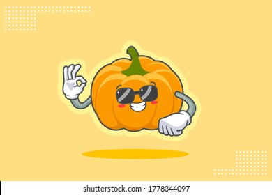 RELAXED, GLASSES, COOL Face Emotion. Nice Hand Gesture. Yellow, Orange Pumpkin Fruit Cartoon Drawing Mascot Illustration.