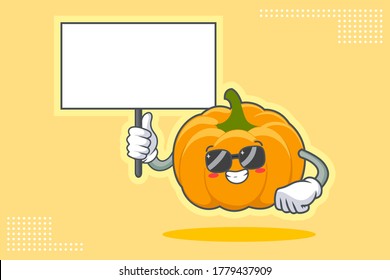 RELAXED, GLASSES, COOL Face Emotion. Holding Whiteboard Hand Gesture. Yellow, Orange Pumpkin Fruit Cartoon Drawing Mascot Illustration.
