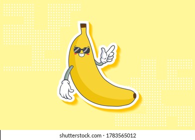 RELAJADO, GAFAS, FRENTE A LA Emoción. Gesto de la pistola de dedo índice. Caricatura de fruta bananera dibujando una ilustración de mascota.