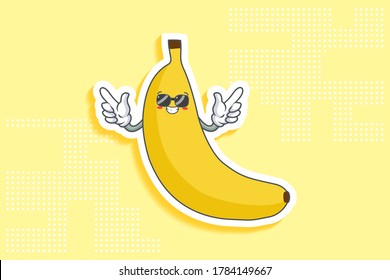 RELAJADO, GAFAS, FRENTE A LA Emoción. Gesto doble de la pistola del dedo delantero. Caricatura de fruta bananera dibujando una ilustración de mascota.