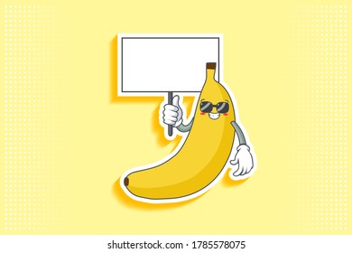 RELAJADO, GAFAS, FRENTE A LA Emoción. Manteniendo el Gesto de la pistola de la pizarra. Dibujo de una mascota de frutas bananeras Ilustración.v