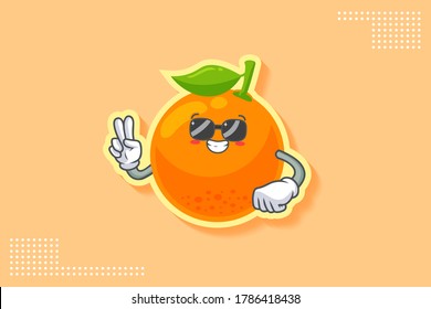 RELAXED, GLASSES, COOL Face Emotion. Peace Hand Gesture. Orange, Citrus Fruit Cartoon Drawing Mascot Illustration.