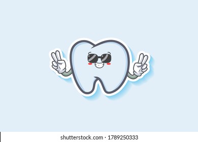 RELAXED, GLASSES, COOL Face Emotion. Double Peace Hand Gesture. Tooth Cartoon Drawing Mascot Illustration.