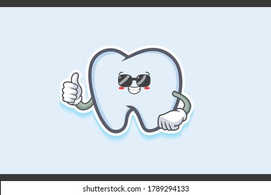 RELAXED, GLASSES, COOL Face Emotion. Thumb up Hand Gesture. Tooth Cartoon Drawing Mascot Illustration.