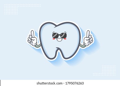 RELAXED, GLASSES, COOL Face Emotion. Double forefinger Hand Gesture. Tooth Cartoon Drawing Mascot Illustration.