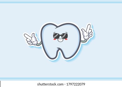 RELAJADO, GAFAS, FRENTE A LA Emoción. Gesto doble de la pistola del dedo delantero. Ilustración de la mascota de dibujos animados dental.