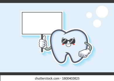 RELAXED, GLASSES, COOL Face Emotion. Holding Whiteboard Gesture. Tooth Cartoon Drawing Mascot Illustration.