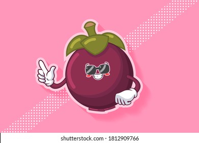 RELAJADO, GAFAS, FRENTE A LA Emoción. Gesto de la pistola de dedo índice. Caricatura De Fruta De Mangosteen Dibujando Ilustración De Mascota.