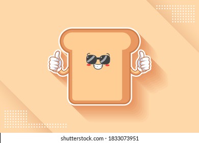 RELAXED, GLASSES, COOL Face Emotion. Double Thumb up hand Gesture. Bread Food Cartoon Drawing Mascot Illustration.