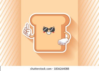 RELAXED, GLASSES, COOL Face Emotion. Forefinger Gesture. Bread Food Cartoon Drawing Mascot Illustration.