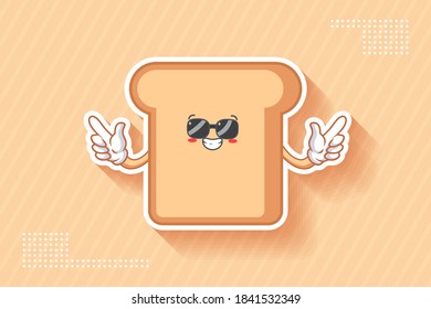 RELAXED, GLASSES, COOL Face Emotion. Double Forefinger Handgun Gesture. Bread Food Cartoon Drawing Mascot Illustration.