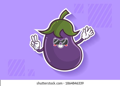 RELAXED, GLASSES, COOL Face Emotion. Peace Finger Hand Gesture. Eggplant vegetable Cartoon Drawing Mascot Illustration.