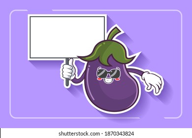 RELAXED, GLASSES, COOL Face Emotion. Holding Whiteboard Hand Gesture. Eggplant vegetable Cartoon Drawing Mascot Illustration.