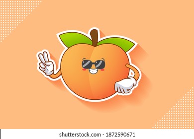 RELAXED, GLASSES, COOL Face Emotion. Peace Finger Hand Gesture. Peach Fruit Cartoon Drawing Mascot Illustration.