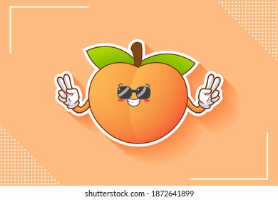 RELAJADO, GAFAS, FRENTE A LA Emoción. Doble Gesto De La Mano Del Dedo De La Paz. Caricatura de Fruta de Peach Dibujando Ilustración Mascota.