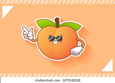 RELAXED, GLASSES, COOL Face Emotion. Forefinger Handgun Gesture. Peach Fruit Cartoon Drawing Mascot Illustration.