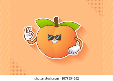 RELAJADO, GAFAS, FRENTE A LA Emoción. Buen Gesto De Mano. Caricatura de Fruta de Peach Dibujando Ilustración Mascota.