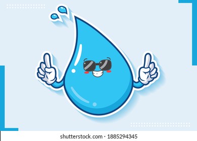 RELAXED, GLASSEN, COOL-Gesichtspflege Emotion. Double Forefinger Hand Gesture. Wassertropfen Cartoon-Zeichnung Maskottabbild Illustration.