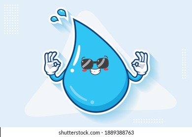 RELAXED, GLASSES, COOL Face Emotion. Double Nice Hand Gesture. Water Drop Cartoon Drawing Mascot Illustration.
