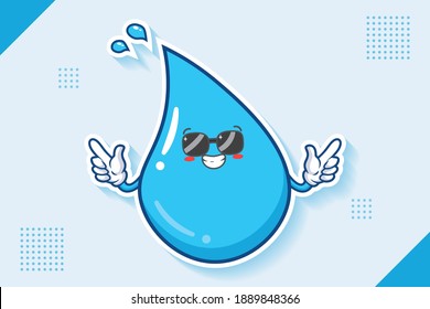 RELAXED, GLASSES, COOL Face Emotion. Double Forefinger Handgun Gesture. Water Drop Cartoon Drawing Mascot Illustration.