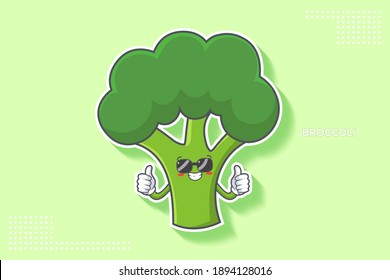 RELAXED, GLASSES, COOL Face Emotion. Double Thumb Up Finger Hand Gesture. Broccoli Vegetable Cartoon Drawing Mascot Illustration.