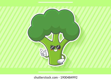 RELAJADO, GAFAS, FRENTE A LA Emoción. Gesto de la pistola de dedo índice. Dibujo de caricaturas de brócoli con dibujos de mascota.