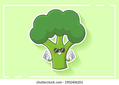 RELAXED, GLASSEN, COOL-Gesichtspflege Emotion. Double Forefinger Hand Gesture. Broccoli Gemüsescartoon Zeichnung Maskottabilustration.