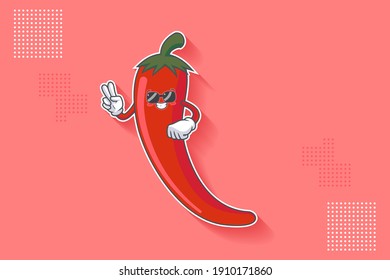 RELAXED, GLASSES, COOL Face Emotion. Peace Finger Hand Gesture. Chili Vegetable Cartoon Drawing Mascot Illustration.