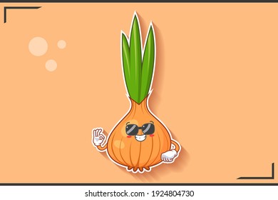 RELAXED, GLASSEN, COOL-Gesichtspflege Emotion. Finger Hand Gesture. Weiße Zwiebeln, Knoblauch Gemüsegarantie Cartoon Zeichnung Maskottabbild.