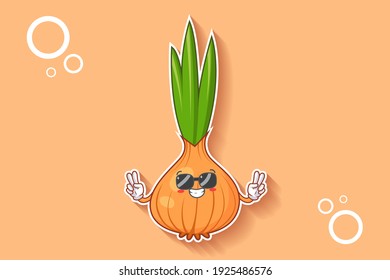 RELAJADO, GAFAS, FRENTE A LA Emoción. Doble Gesto De La Mano Del Dedo De La Paz. Cebolla, Caricatura De Caricatura Vegetable De Ajo Dibujando Ilustración De Mascota.