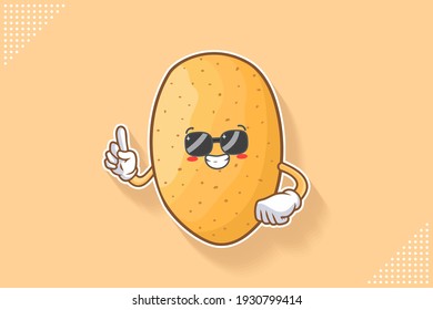 RELAXED, GLASSES, COOL Face Emotion. ForeFinger Hand Gesture. Potato Vegetable Character Cartoon Drawing Mascot Illustration.