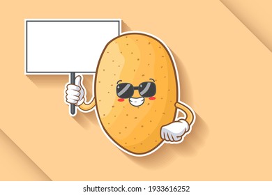 RELAXED, GLASSES, COOL Face Emotion. Holding Whiteboard Hand Gesture. Potato Vegetable Character Cartoon Drawing Mascot Illustration.