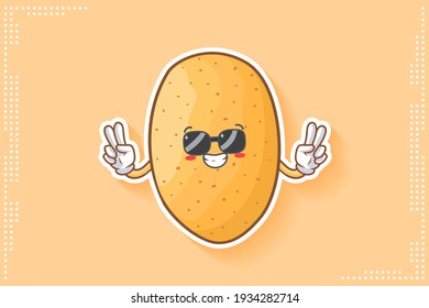 RELAXED, GLASSES, COOL Face Emotion. Double Peace Finger Gesture. Potato Vegetable Character Cartoon Drawing Mascot Illustration.
