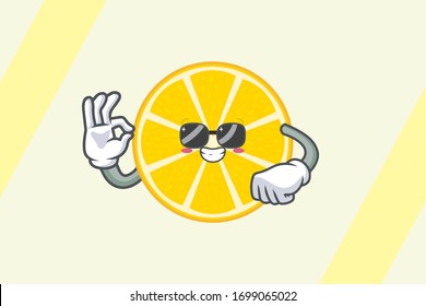 RELAXED, GLASSES, COOL Face . Ok, Okey, Okay, Nice, Alright Gesture. Mascot Illustration Slice Lemon Fruit