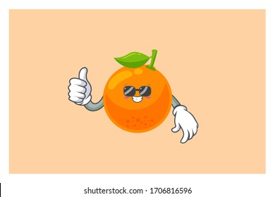 RELAJADOS, VIDRIO, CARA FRÍA. Arriba, Gesto De Acuerdo. Ilustración de vectores de mascota. Caricatura de frutas del cítrico naranja.