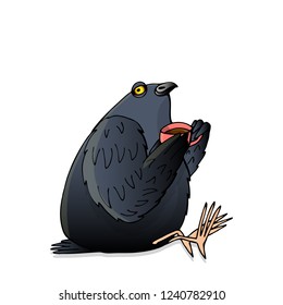 relaxed gray pigeon drinks tea from pink cup, hand drawn character cartoon style isolated on white