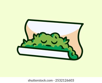 Relaxed Green Plant in a Rolling Paper, Cute Cartoon Vector Illustration