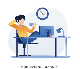 Relaxed guy with his feet up on table watching video on his phone while breaking work on computer. Working day in office. Vector flat style illustration