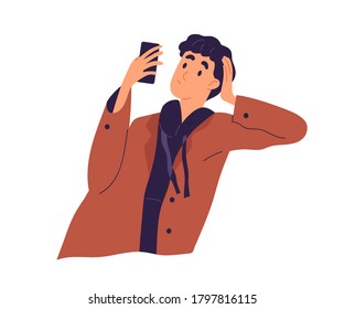 Hombre relajado mirando la pantalla de la ilustración plana del vector del smartphone. Los hombres que se inclinan por la conversación a mano usan teléfono móvil aislado. Hombre elegante navegando por Internet o leyendo información interesante