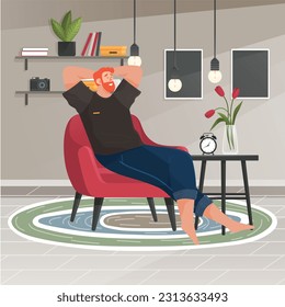 Relaxed guy sitting and chilling on armchair. Person is resting at home, leisure on weekend. Pensive man sitting with his hands behind head Freelancer relaxing after work thinking about something good