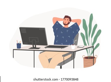 Relaxed guy sitting on chair feeling satisfied from work productivity vector flat illustration. Freelancer male resting at office in workplace isolated. Pleasant happy worker at desk with computer