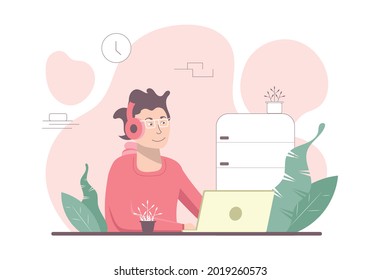 Relaxed guy working or gaming in laptop with headphones and wearing a jacket at home.Enjoy and comfy with their activity. Vector cartoon  illustration design with minimalism style. Work from home boy.